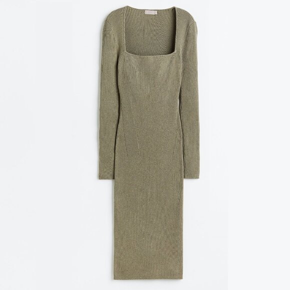 H&M Khaki Green Rib Knit Long Sleeve Midi Dress With Square Neckline Size Small - Picture 3 of 17